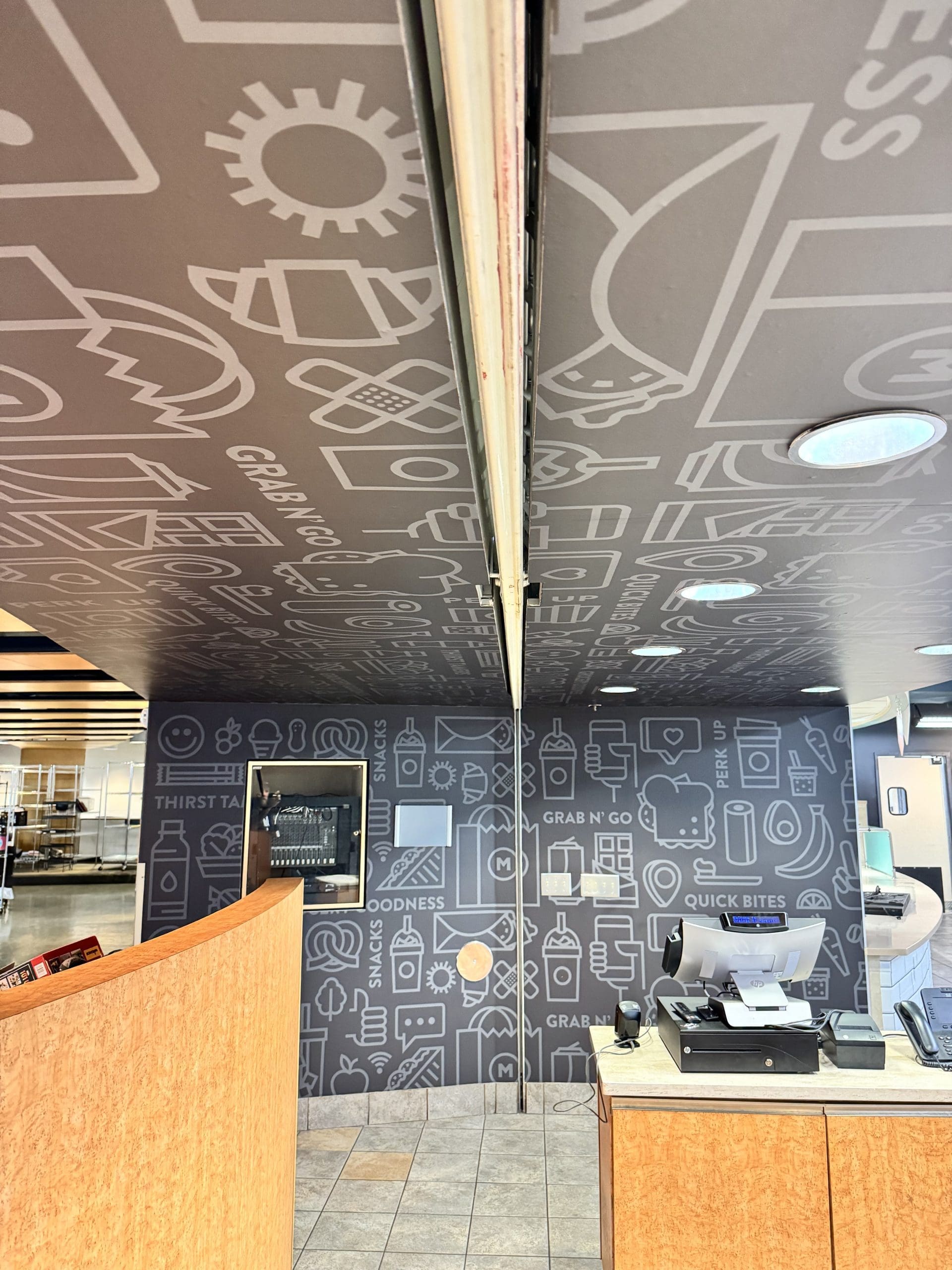 Graphics banner on wall and ceiling